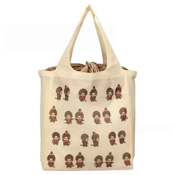 Sacola de compras dobrável de grande capacidade com cordão, estilo japonês, fofa, com estampa Monchhichi, sacola de ombr