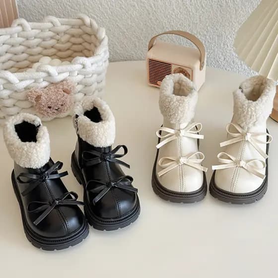 Botinha Infantil de Inverno – Couro Macio com Laço, Bota Acolchoada para Meninas