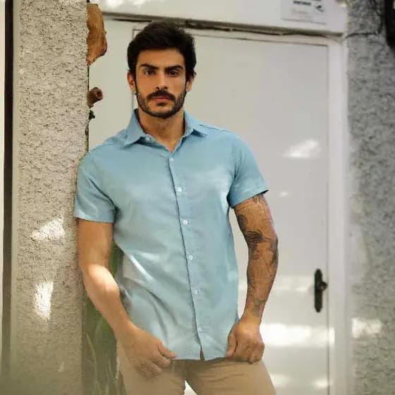 Camisa Social Masculina Manga Curta Linho Moda Slim Premium Elegante