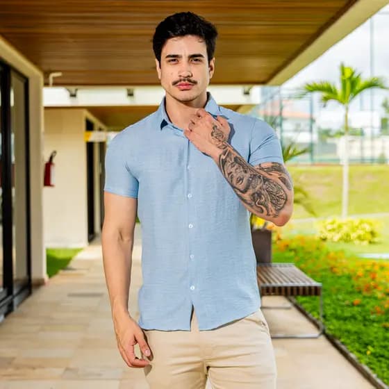 Camisa Social Masculina Manga Curta Texturizada Lycra Slim Fit Casual