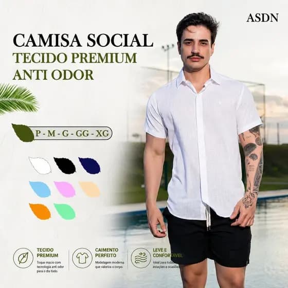 Camisa Masculina Social Slim Anti Odor Premium P ao XG Manga Curta Linho