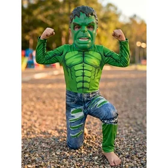 Fantasia Infantil Hulk Longo Com Mascara De Plástico E Enchimento