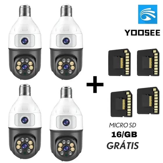 Kit4 Câmera Segurança Wifi Dupla Lentes Lâmpada Noturna 360° + 4 Cartão MicroSD