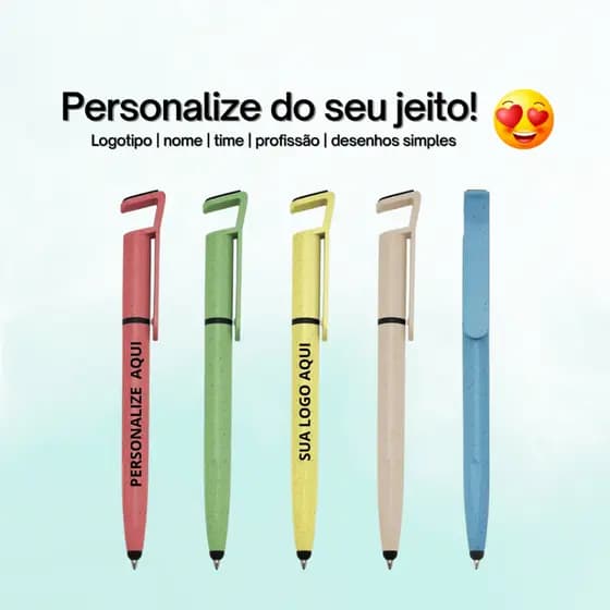 Caneta Fibra de Bambu Touch com Suporte Personalizada - nome/escola/trabalho/logo