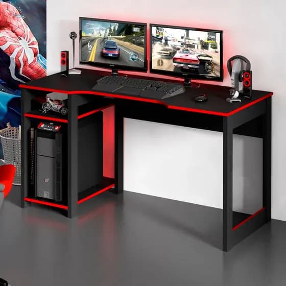 Mesa Gamer 136cm com 2 Prateleiras e Porta CPU Preto/Vermelho