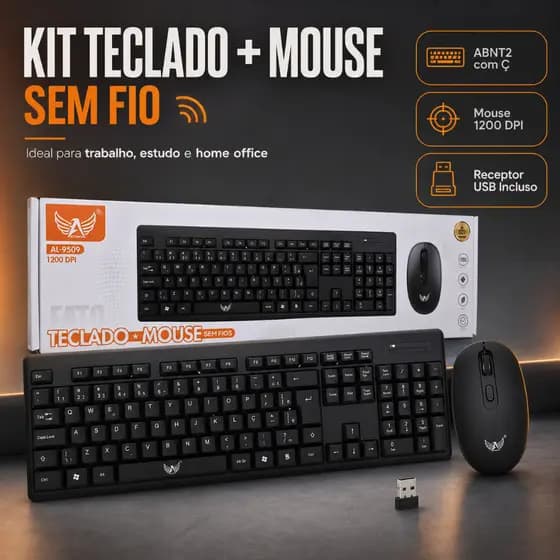 Kit Teclado e Mouse Sem Fio USB ABNT2 1200 DPI Preto Para Notebook PC Computador Home Office