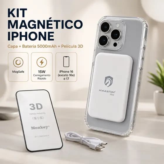 Kit Capa MagSafe iPhone Série 16 Exceto 16e 17 Power Bank 5000mAh Carregador Sem Fio Película 3D