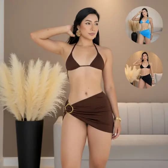 Biquíni Feminino 3 Peças com Saída Curta Fivela Moda Praia Tendência Verão