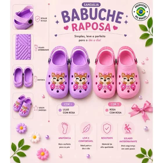 Sandália Infantil Menina Babuche Raposa Confortável Macia Leve Antiderrapante Chinelo