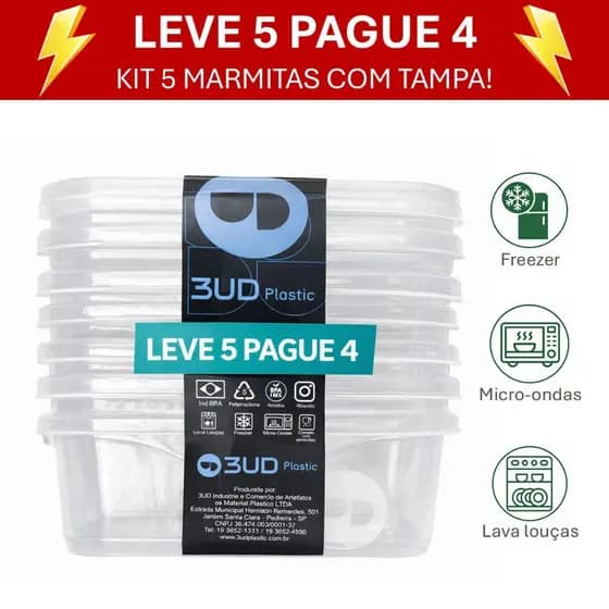 Kit 5 Marmita Fit com Tampa 300ml 700ml 1400ml Pote Plástico Freezer Microondas