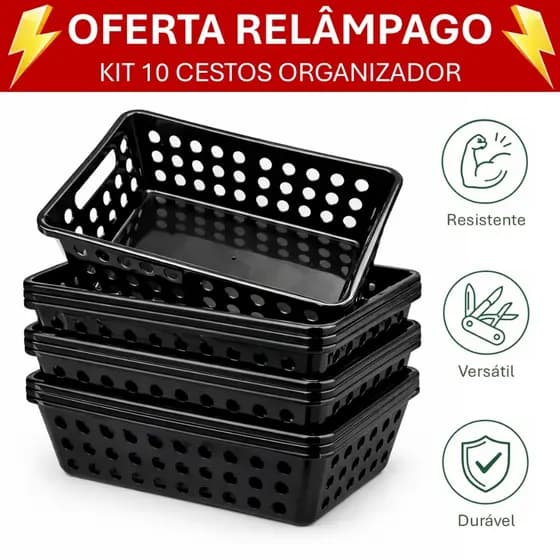 Organizador de Armário Kit 10 Cestos Plástico Médio para Gaveta Cozinha Banheiro Lavanderia Casa