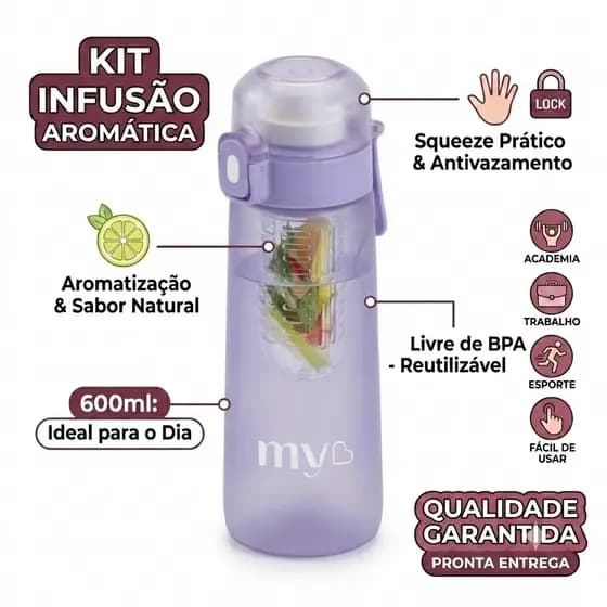 Garrafa Sense 600ml com Infusão Aromática Squeeze Água Reutilizável Antivazamento Academia Lilás