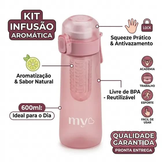 Garrafa Sense 600ml com Infusão Aromática Squeeze Água Reutilizável Antivazamento Academia Rosa