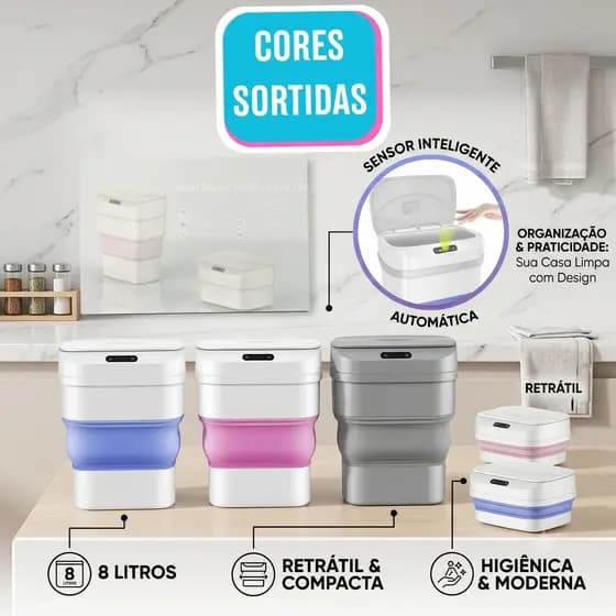 Lixeira Automática 8 Litros com Sensor Inteligente Retrátil Cesto de Lixo Sem Contato para Banheiro Cozinha