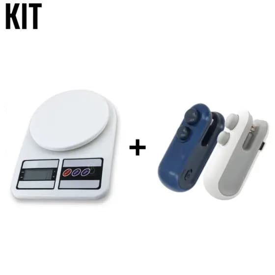 Kit Balança Digital de Cozinha 10kg + Mini Seladora de Sacos Portátil Vedador de Embalagens