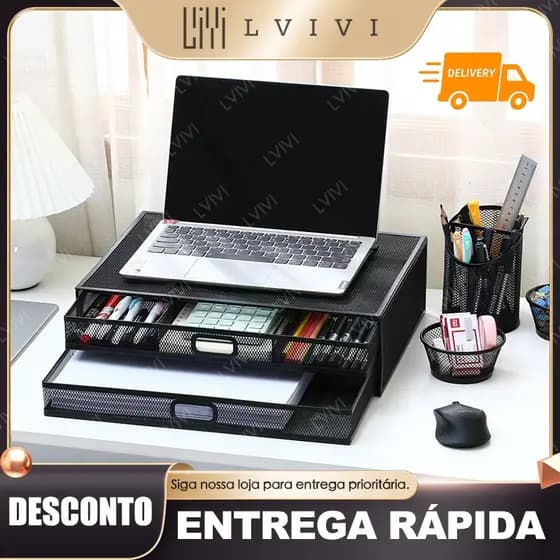 Metal Screen Stand with Ventilation Drawer and Side Storage Laptop Monitor Stand
