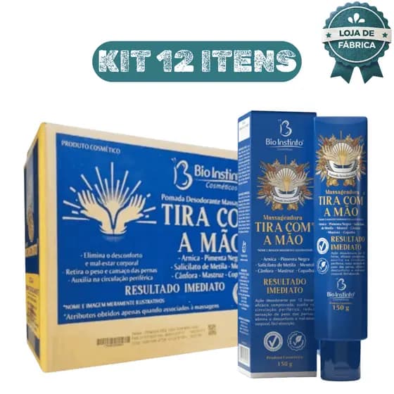 Kit 12 Pomada Massageadora Tira Com a Mão 150g Bio Instinto Alívio Muscular Dor Cansaço Relaxante
