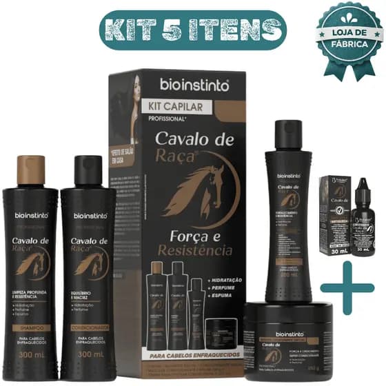 Kit Antiqueda Cavalo de Ra莽a 5 Itens Completo com T么nico Capilar Crescimento For莽a e Brilho