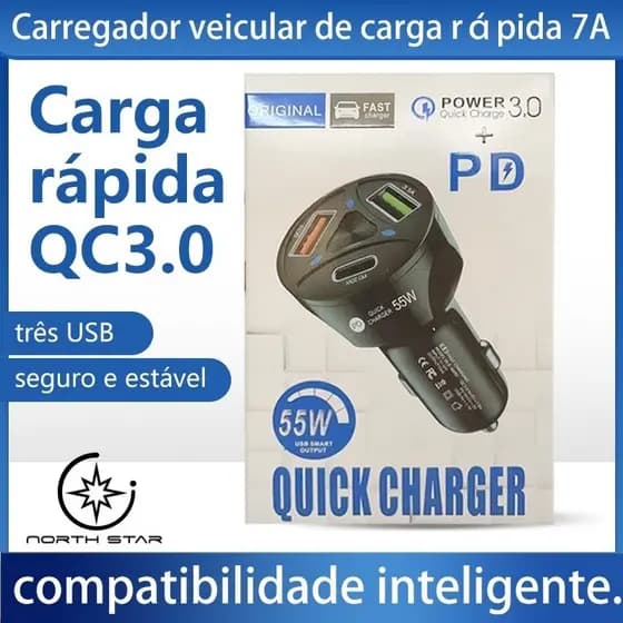 Carregador Veicular Carro Turbo Universal 3 Portas Usb 1 Porta 3.0 Quick Charger