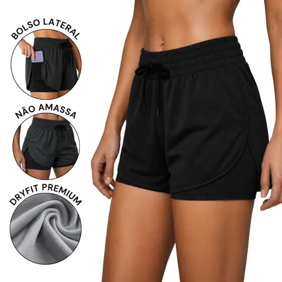 Shorts Feminino 2 em 1 Com Bermuda de Compressão e Bolso para Celular Academia Treino Corrida