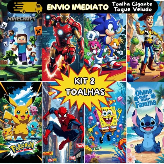 Kit 2 Toalhas de Banho, Praia, Piscina,Toalha Grande Banhão, Stitch, Patrulha, Pokemon, Envio Rápido