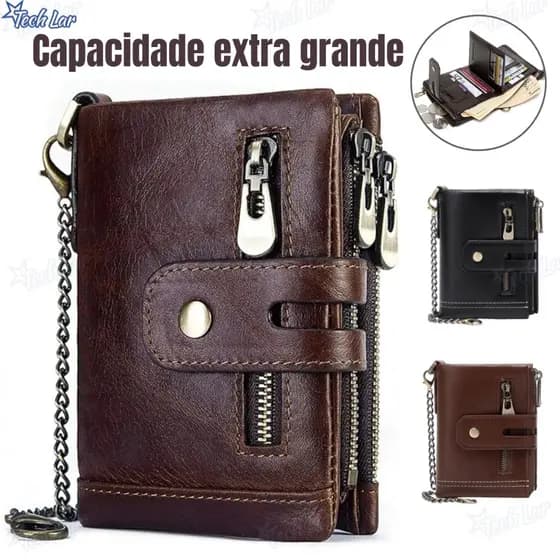Carteira de Couro Genuíno Masculina Proteção RFID Corrente Estilosa Novidade para 2026 fina texturizada marrom preta-TL