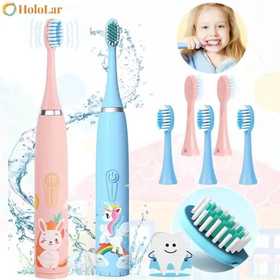 Escova Dental Elétrica Ultra-Sônica Para Crianças Acústica Onda Fofa Cabelos Suaves Dupla Face Limpa Cuidados-HL