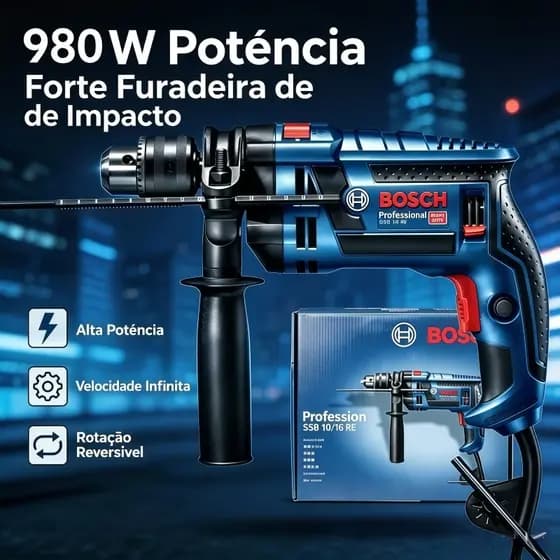 Furadeira de Impacto Bosch GSB 16 RE 980W Profissional Alta Potência para Concreto, Madeira e Metal