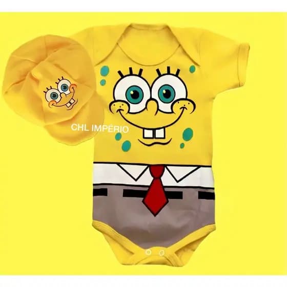 Kit Body Bebê Com Boina Bob Esponja Mesversario.—Esponja (K-2)