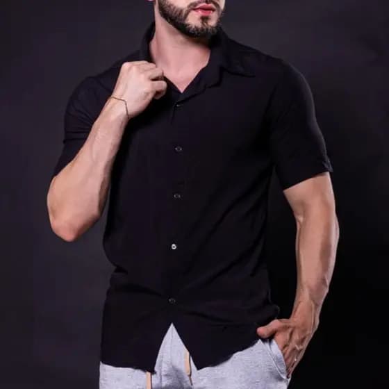 Camisa Masculina social Visco-Linho Premium Manga Curta Confortável Verão Botão Transpiravel Fresca Gola Italiana