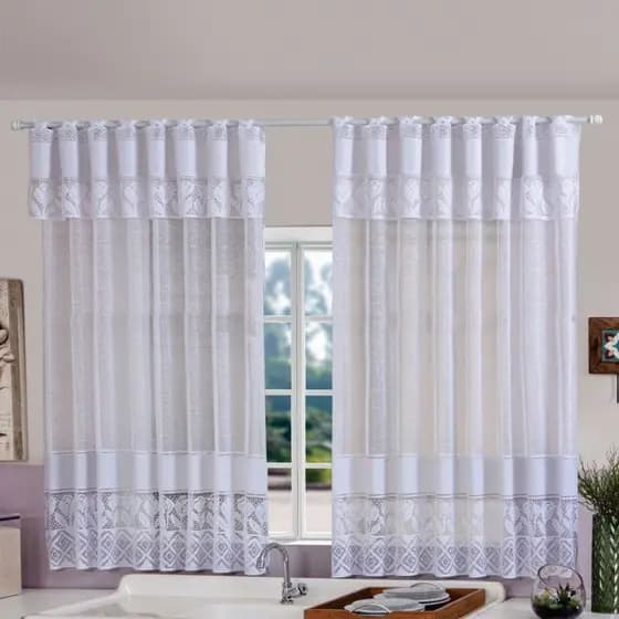 Cortina De Cozinha Decorativa Bella Janela Renda Com Bandô 2,20m x 1,25m Branca