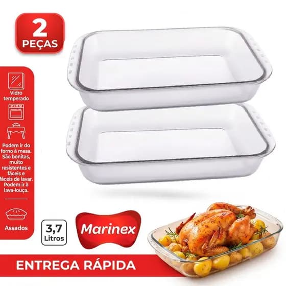 KIT CONJUNTO 2 ASSADEIRAS MARINEX TRAVESSAS LASANHEIRAS VIDRO TEMPERADO RETANGULAR FUNDA 3,7L ASSAR