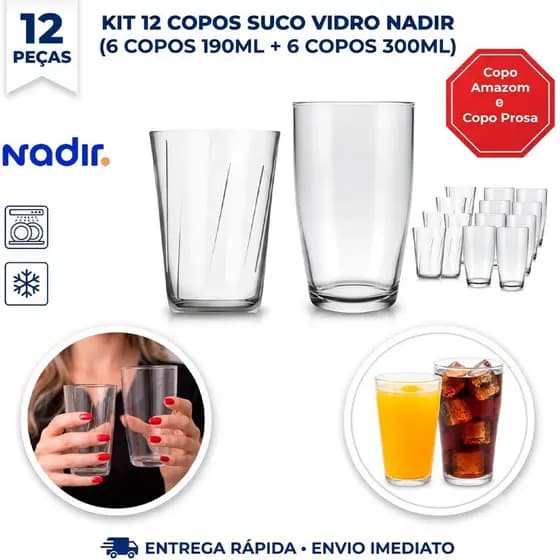 Kit Conjunto 12 COPOS SUCO VIDRO NADIR (6 COPOS 190ML + 6 COPOS 300ML)