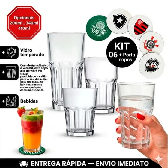 Kit Jogo Copos Bristol de Vidro Resistentes + Porta copos opcionais de times
