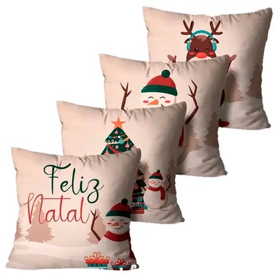 Kit Com 4 Capas de Almofadas Decorativas Feliz Natal Bege