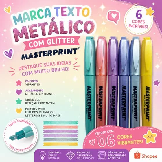 Caneta Marca Texto Metálico/Glitter 6 cores - Masterprint