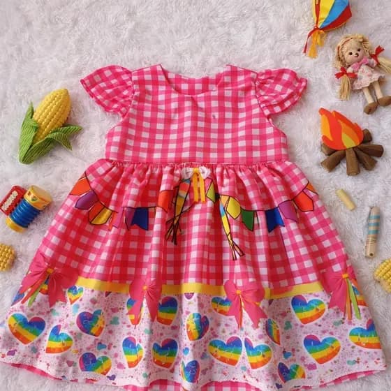 Vestido Festa Junina Infantil Rosa Xadrez Laços Menina