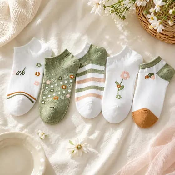 Kit 5 Pares Meia Feminina Curta Fofa Estampa Flor Branco e Verde Estilo Kawaii