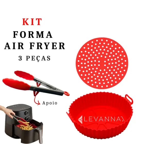 Kit Forma Silicone Redonda Air Fryer + Tapete 22cm + Pegador Alimentos Antiaderente Reutilizável