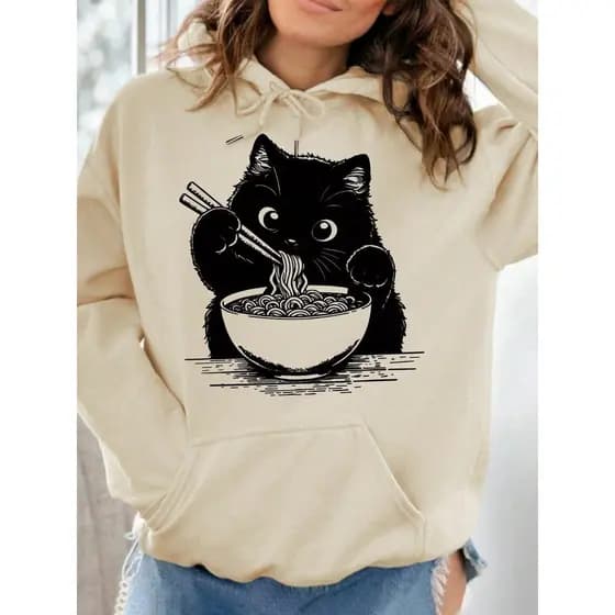 Moletom Básico Canguru Feminino de Manga Longa com Estampa de Gato Comendo, Primavera/Outono