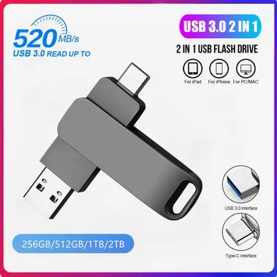 2 Em 1 Tipo-C Flash Drive 512GB 1TB 2TB Unidade De Metal De Alta Velocidade U Stick Para SmartP