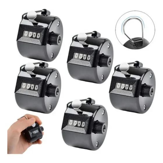 Kit 5 Contador Manual Mecânico 4 Dígitos Cromado Botão Corrida Pessoas Voltas Estoque Exercícios Contagem