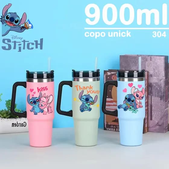 Caneca Stitch Térmica Inox 900ML Garrafa Térmica Inoxidável com tampa e canudo HAPPY VOLE
