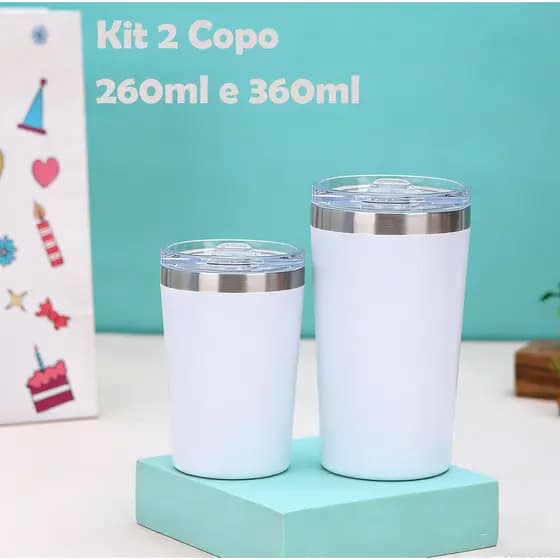 kit 2 Copo Aço Inox térmico com tampa Acrílico 350ML e 260ML café e leite