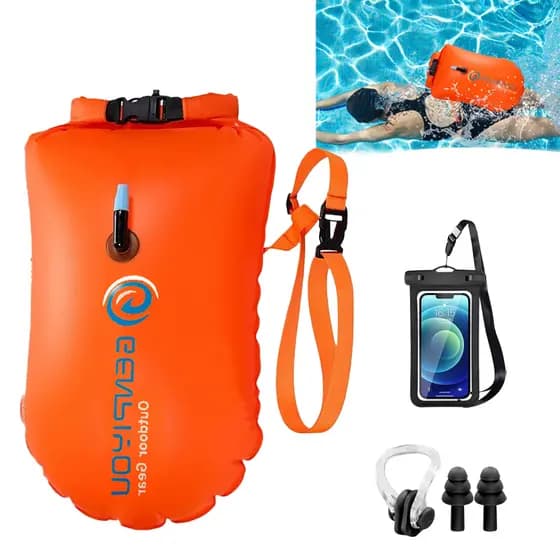 Boia de Natação Águas Abertas Dupla Câmara 200kg com Cinto e Kit Impermeável 5 em 1 - Laranja Neon