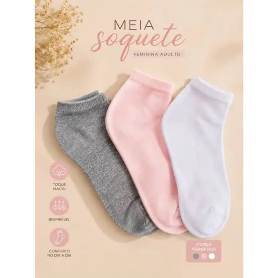 Kit Com 3 Até 12 Pares De Meias Femininas Soquete Cano Curto Algodão