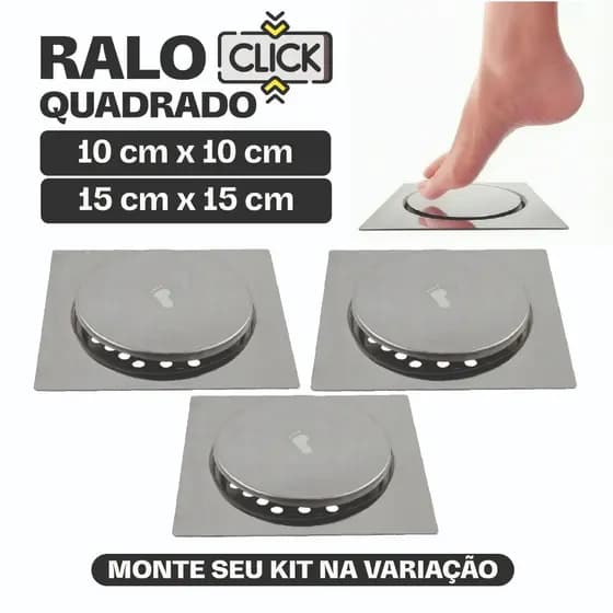 Ralo Click Inox Quadrado 10x10 e 15x15 Anti-Odor Veda Barata Insetos Esgoto Banheiro