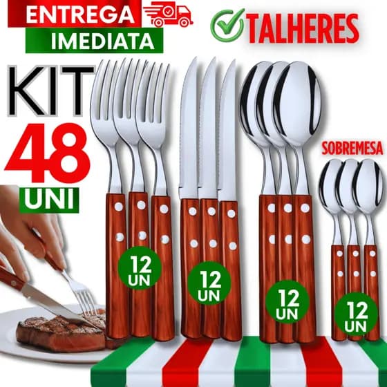 Jogo Colheres Garfos Faca e Colher Sobremesa Talher Aço inox Cabo Madeira Buffet Qualidade Garantido