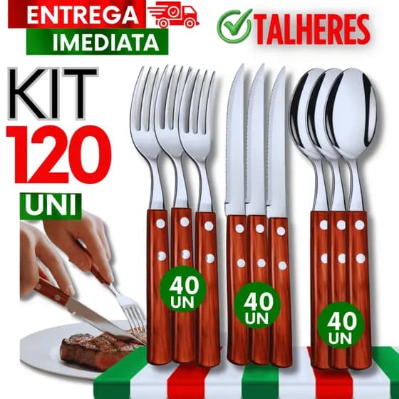 Conjunto Garfos Facas E Colheres Cabo Madeira Talheres Inox Cozinha Churrascaria Buffet Robustos
