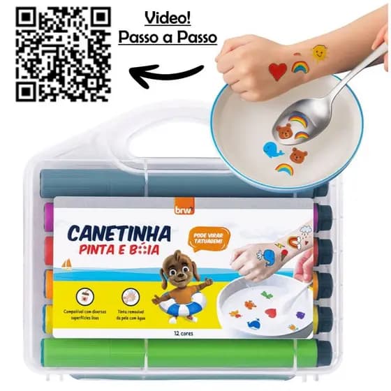 Canetinha Hidrográfica 12 Cores Pinta e Bóia Faz Tatuagem Lavável Infantil Corpo Triangular